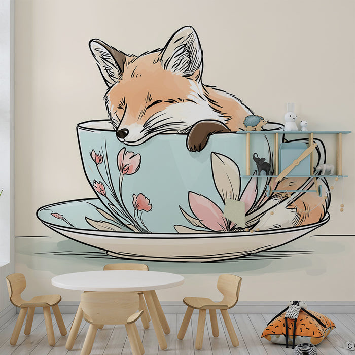 Kids room wallpaper | Sleeping fox in a delicate cup