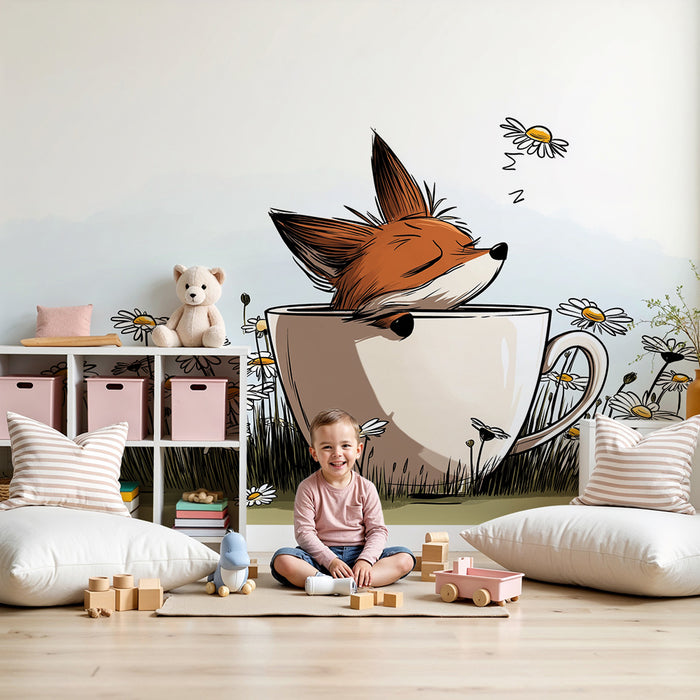Papier peint chambre enfant | Renard endormi dans une tasse entouré de marguerites