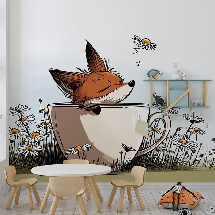 Papier peint chambre enfant | Renard endormi dans une tasse entouré de marguerites