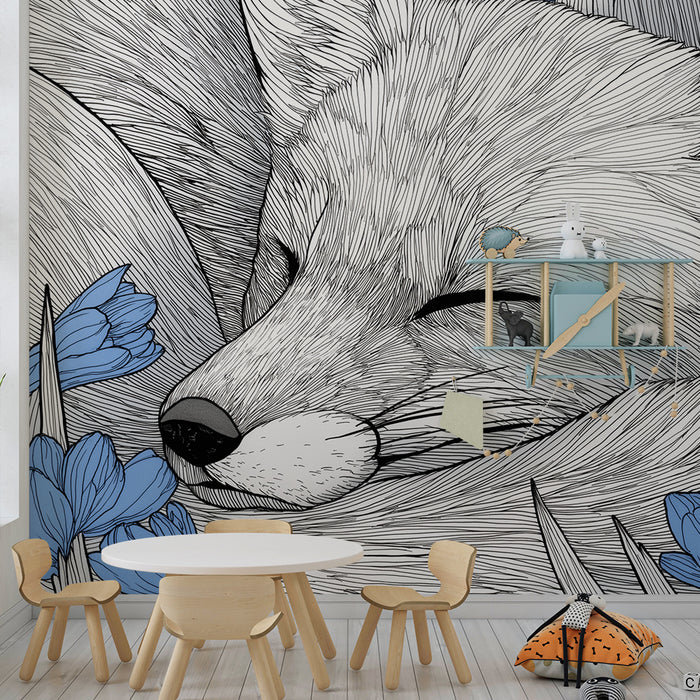 Kinderkamer behang | Slapende vos omringd door blauwe bloemen