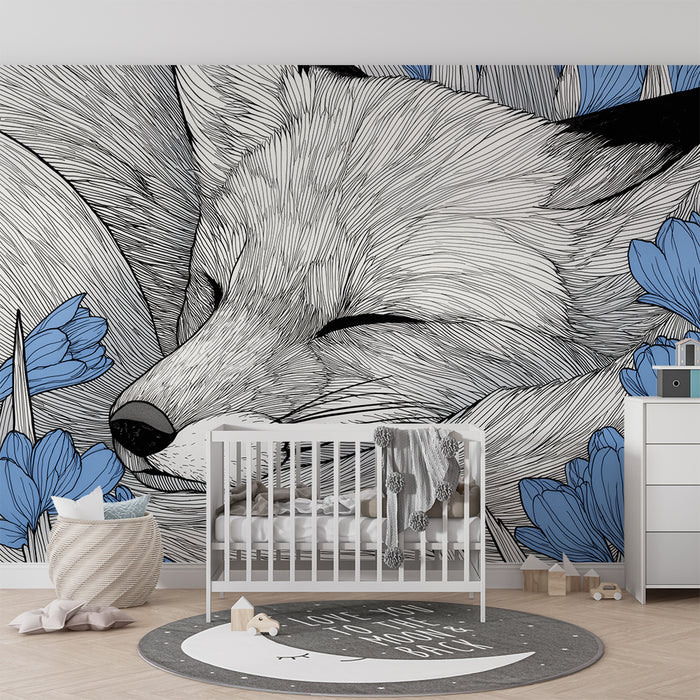 Kinderkamer behang | Slapende vos omringd door blauwe bloemen