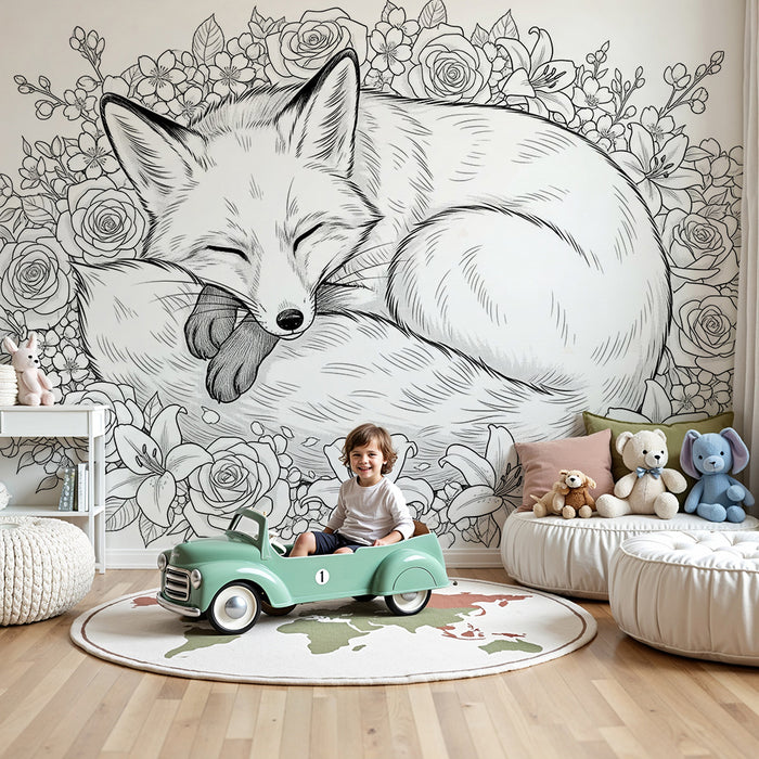 Papier peint chambre enfant | Renard endormi entouré de fleurs délicates