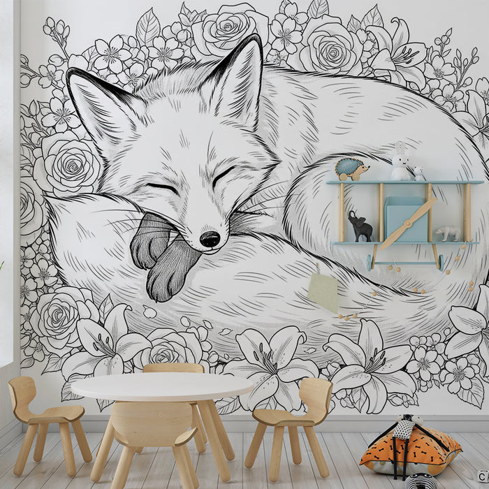 Papier peint chambre enfant | Renard endormi entouré de fleurs délicates