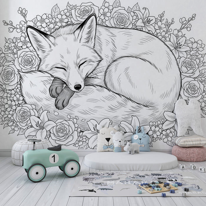 Papier peint chambre enfant | Renard endormi entouré de fleurs délicates