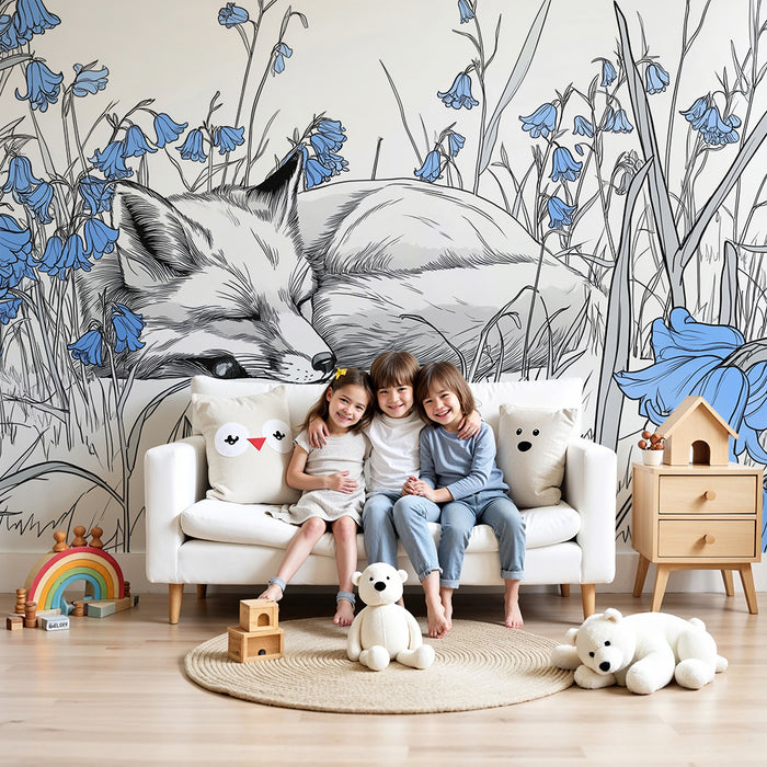 Papel de parede criança | Vulpe adormit printre flori albastre