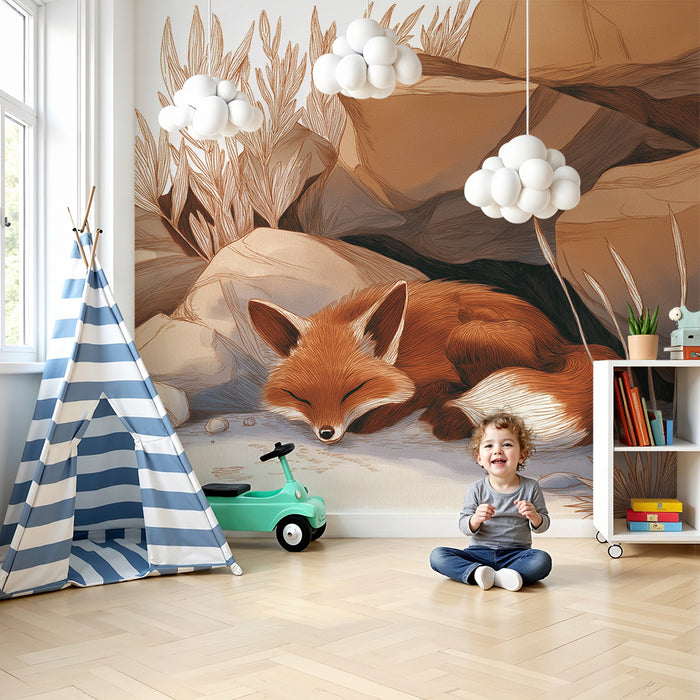 Papier peint chambre enfant | Renard endormi parmi les rochers et la végétation