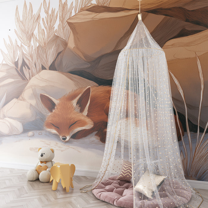 Papier peint chambre enfant | Renard endormi parmi les rochers et la végétation