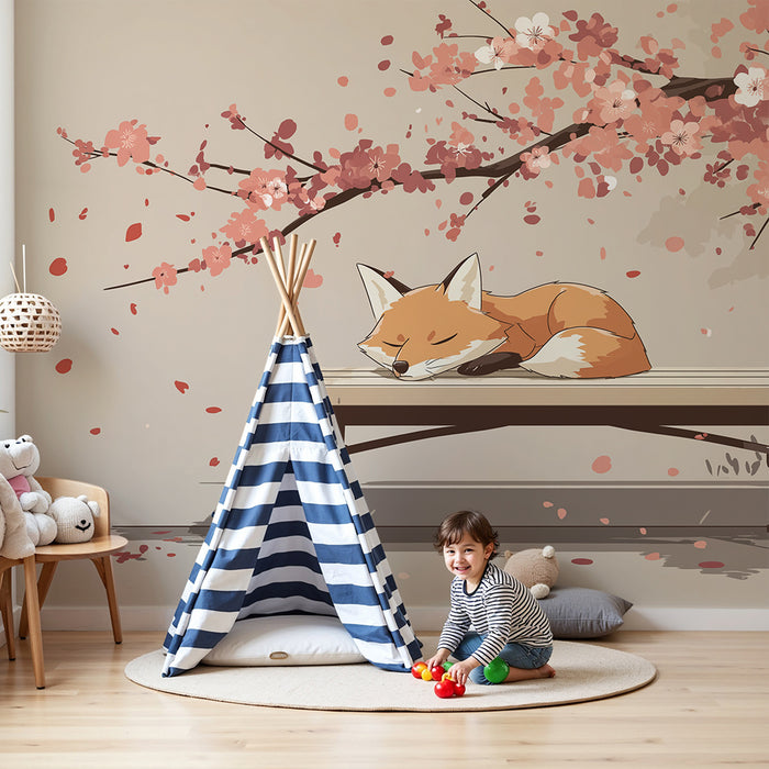 Kinderzimmer Tapete | Schlafender Fuchs unter blühenden Kirschbäumen