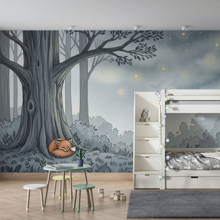 Papel pintado infantil | Zorro durmiendo bajo las estrellas