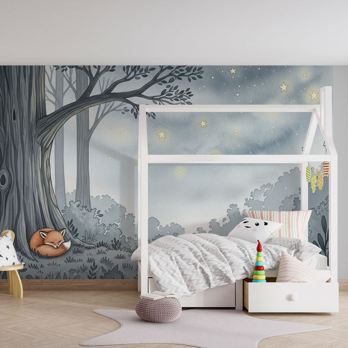 Papel pintado infantil | Zorro durmiendo bajo las estrellas