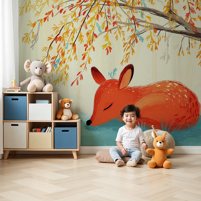 Kids room wallpaper | Sleeping fox under a tree with colorful leaves