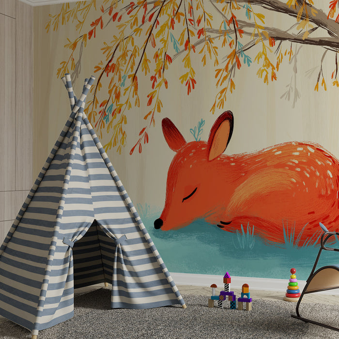 Kids room wallpaper | Sleeping fox under a tree with colorful leaves