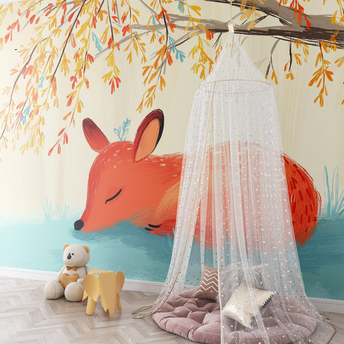 Kids room wallpaper | Sleeping fox under a tree with colorful leaves