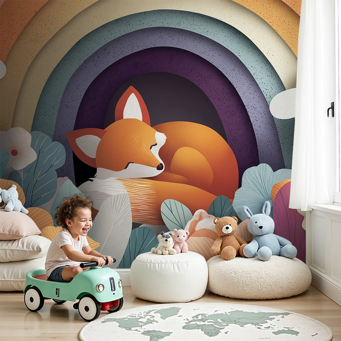 Kids room wallpaper | Sleeping fox under a colorful rainbow