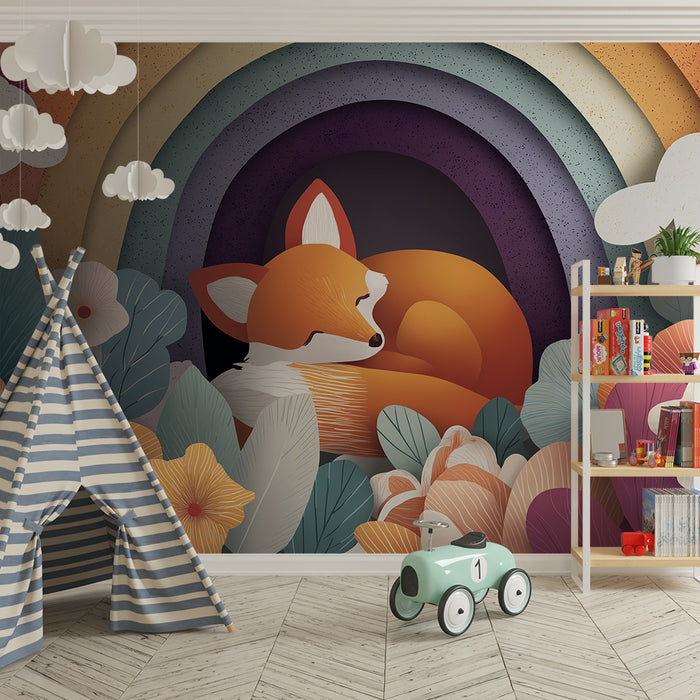 Kids room wallpaper | Sleeping fox under a colorful rainbow
