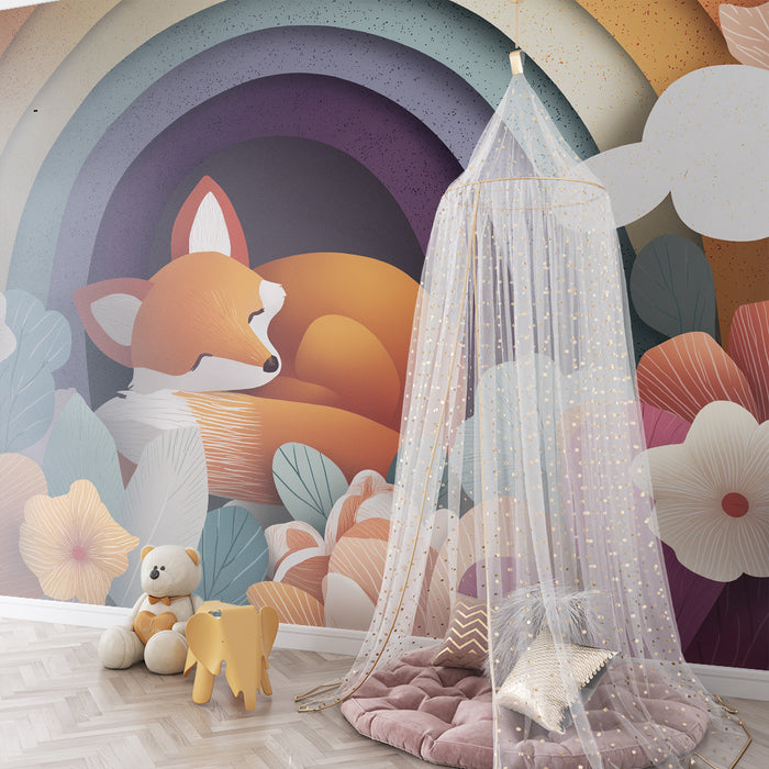 Kids room wallpaper | Sleeping fox under a colorful rainbow