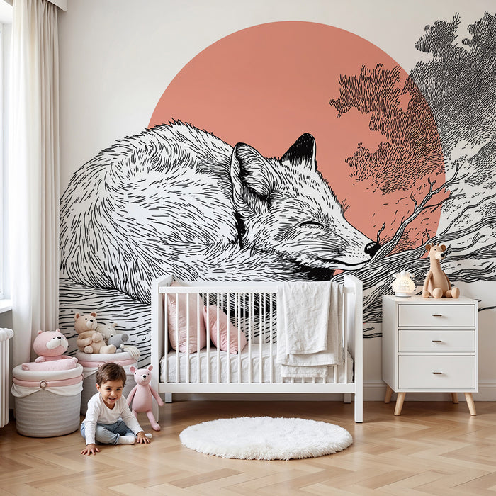 Kids room wallpaper | Sleeping fox on a branch with a background of a rising sun