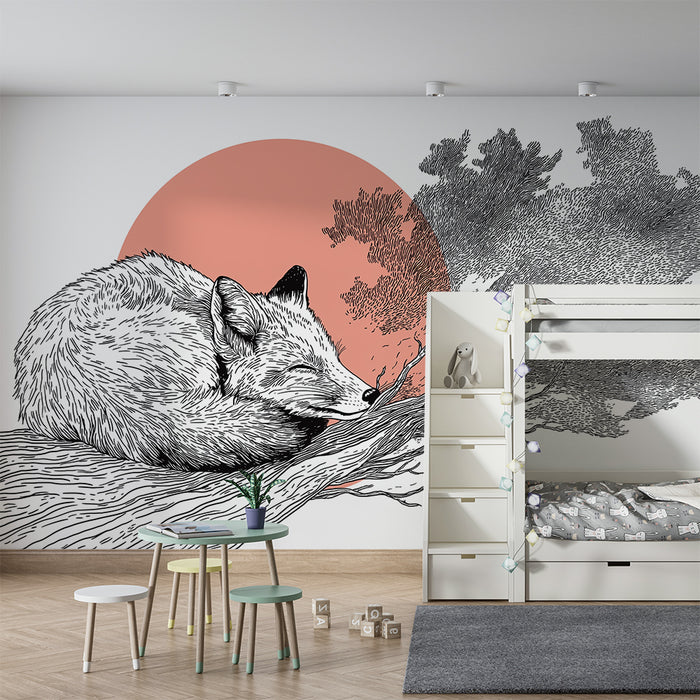 Kids room wallpaper | Sleeping fox on a branch with a background of a rising sun