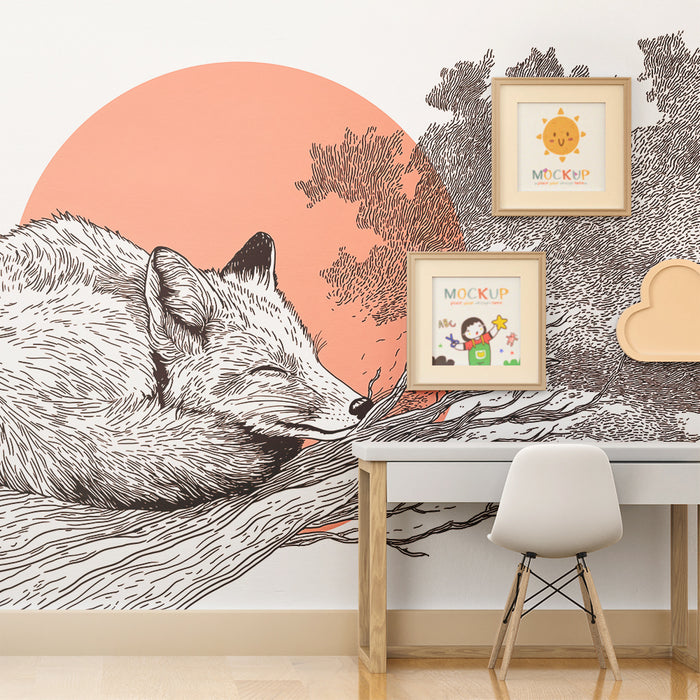 Kids room wallpaper | Sleeping fox on a branch with a background of a rising sun