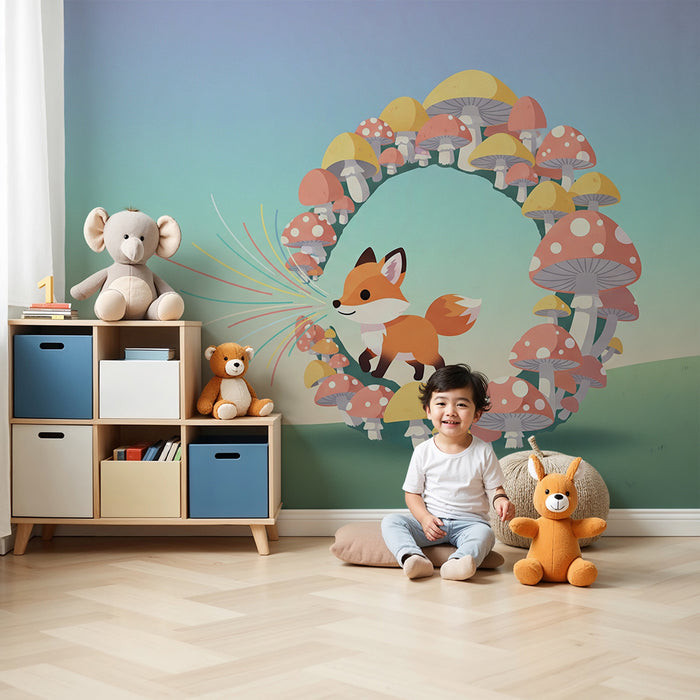 Kinderzimmer Tapete | Schelmischer Fuchs inmitten bunter Pilze
