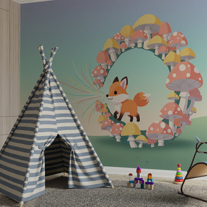 Kinderzimmer Tapete | Schelmischer Fuchs inmitten bunter Pilze