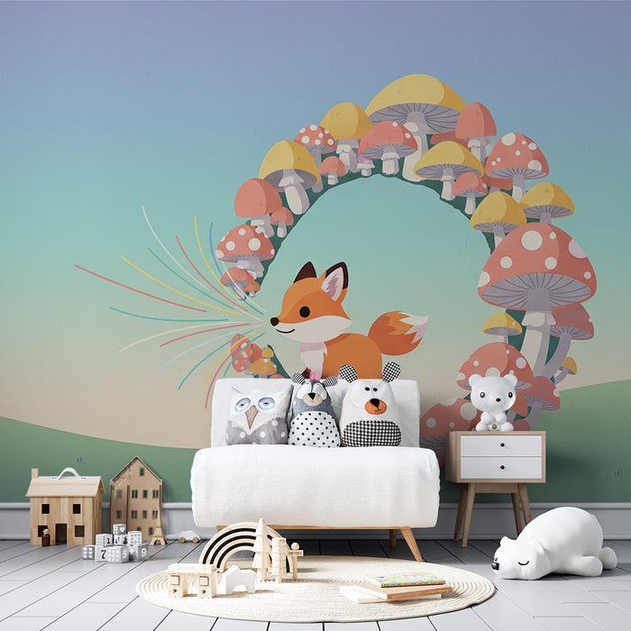 Kinderzimmer Tapete | Schelmischer Fuchs inmitten bunter Pilze