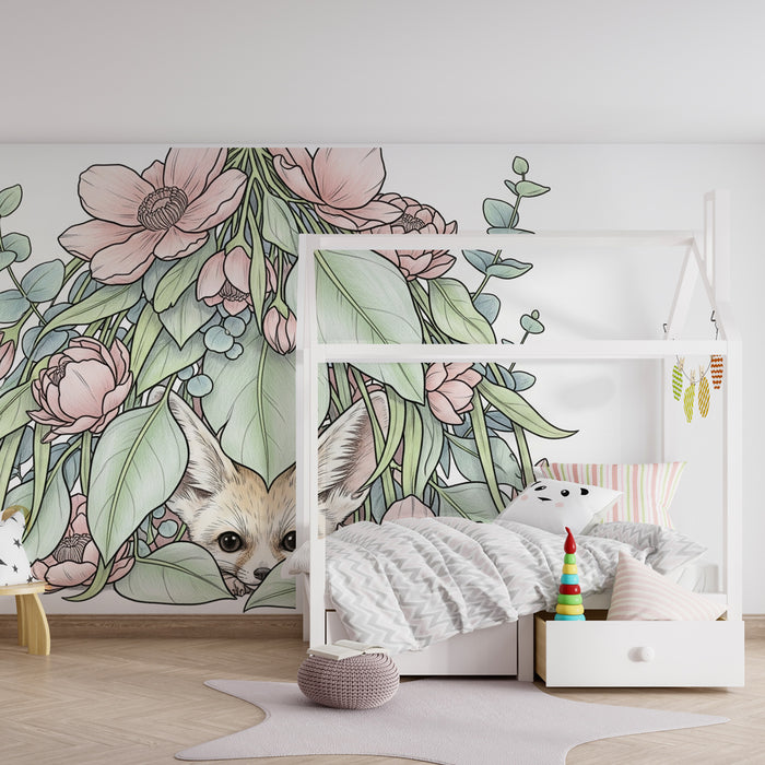 Tapet barnerom | Lur rev midt blant blomstene