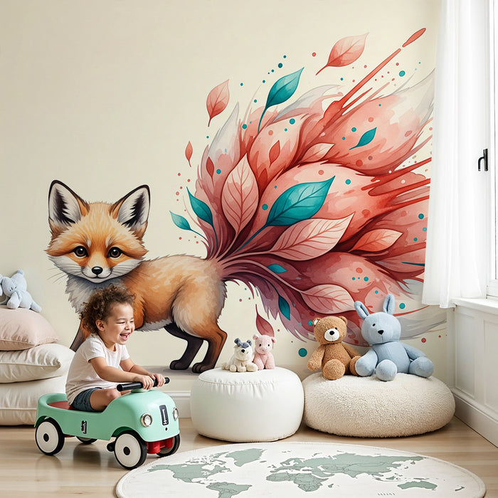 Papel pintado infantil | Zorro travieso con follaje colorido