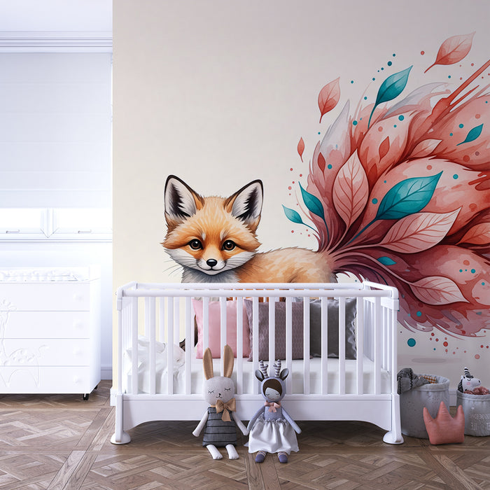 Papel pintado infantil | Zorro travieso con follaje colorido