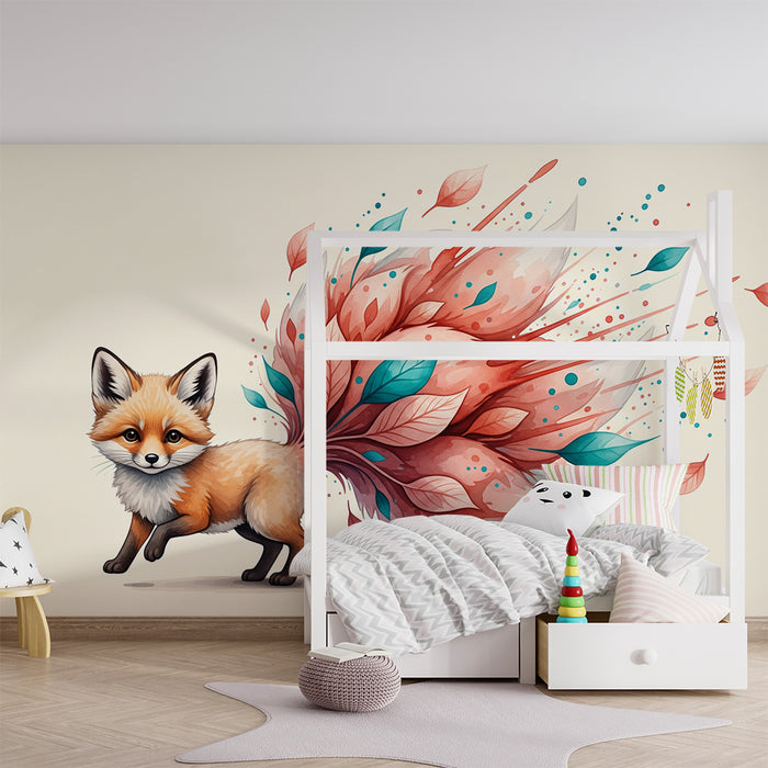Papel pintado infantil | Zorro travieso con follaje colorido