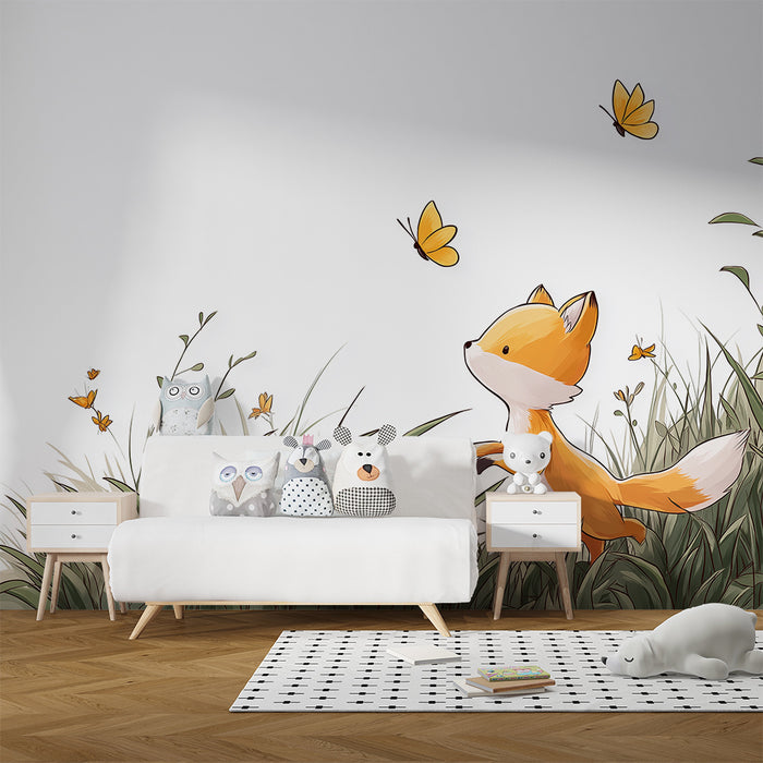 Kinderzimmer Tapete | Schelmischer Fuchs in einem Feld von Blumen und Schmetterlingen