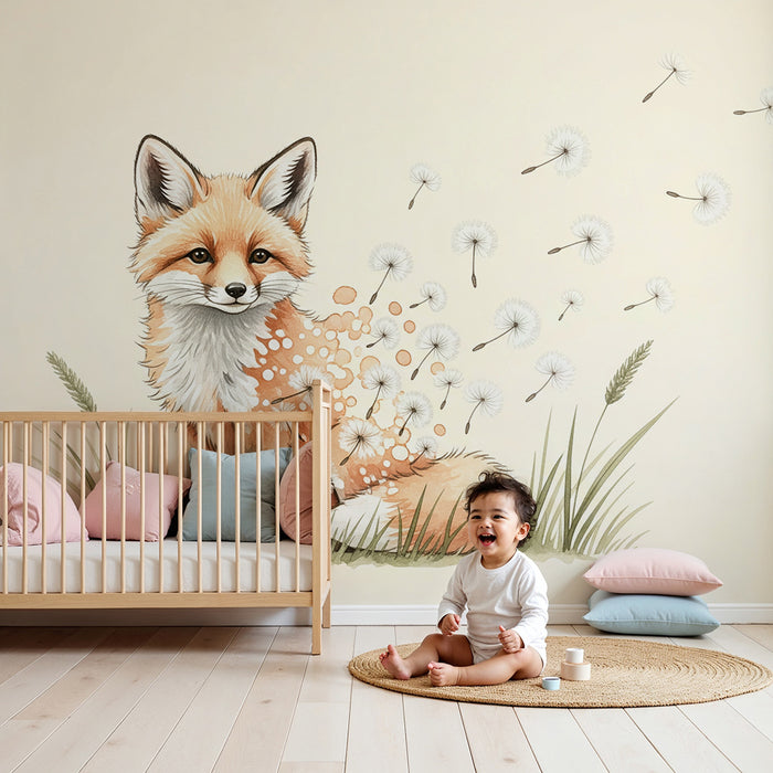 Children's bedroom wallpaper | Playful fox surrounded by dandelions