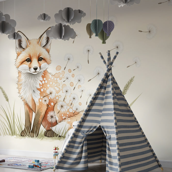Children's bedroom wallpaper | Playful fox surrounded by dandelions