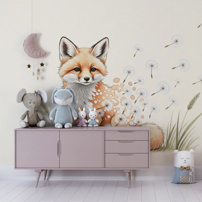 Children's bedroom wallpaper | Playful fox surrounded by dandelions
