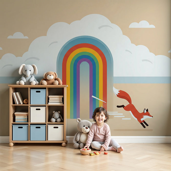Papel pintado infantil | Zorro travieso y arcoíris mágico