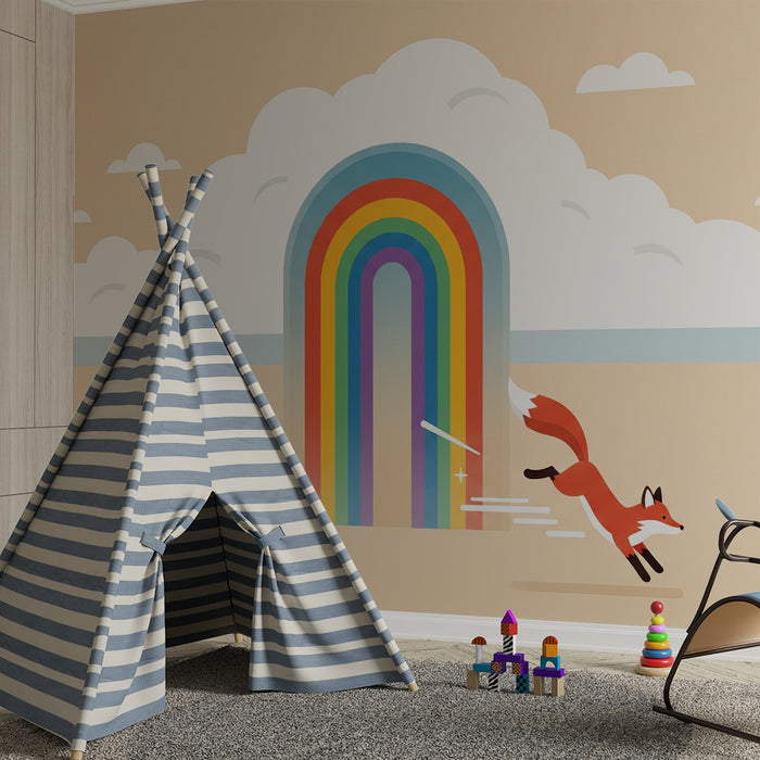 Papel pintado infantil | Zorro travieso y arcoíris mágico
