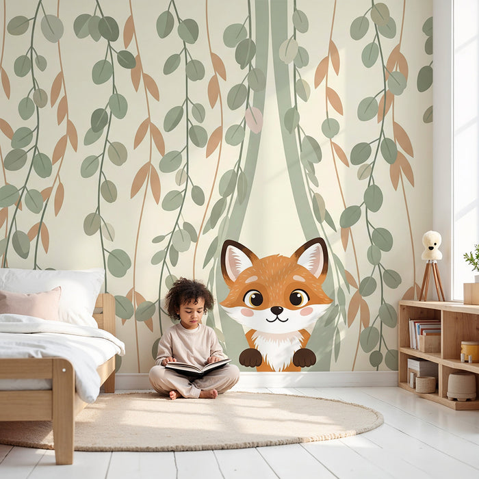 Kids room wallpaper | Playful fox and delicate foliage
