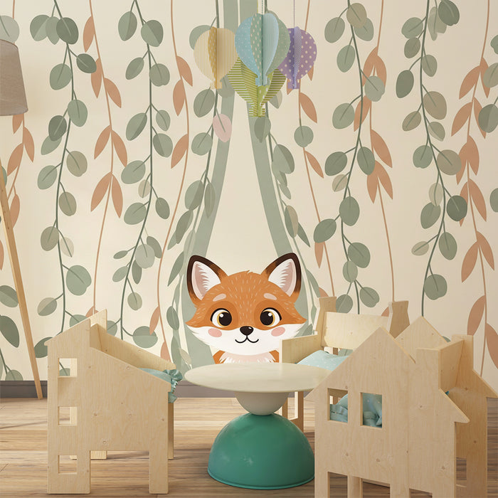 Kids room wallpaper | Playful fox and delicate foliage