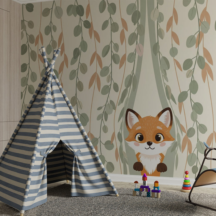 Kids room wallpaper | Playful fox and delicate foliage
