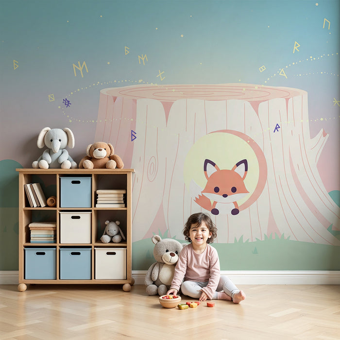 Kids room wallpaper | Mischievous fox and magical tree trunk under a pastel sky