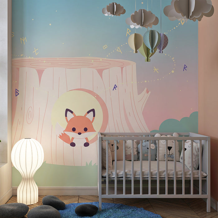Kids room wallpaper | Mischievous fox and magical tree trunk under a pastel sky