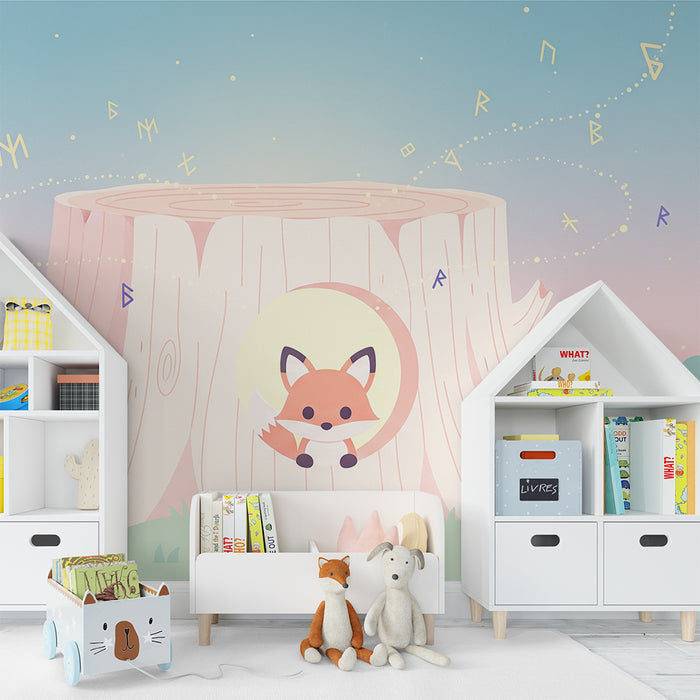 Kids room wallpaper | Mischievous fox and magical tree trunk under a pastel sky
