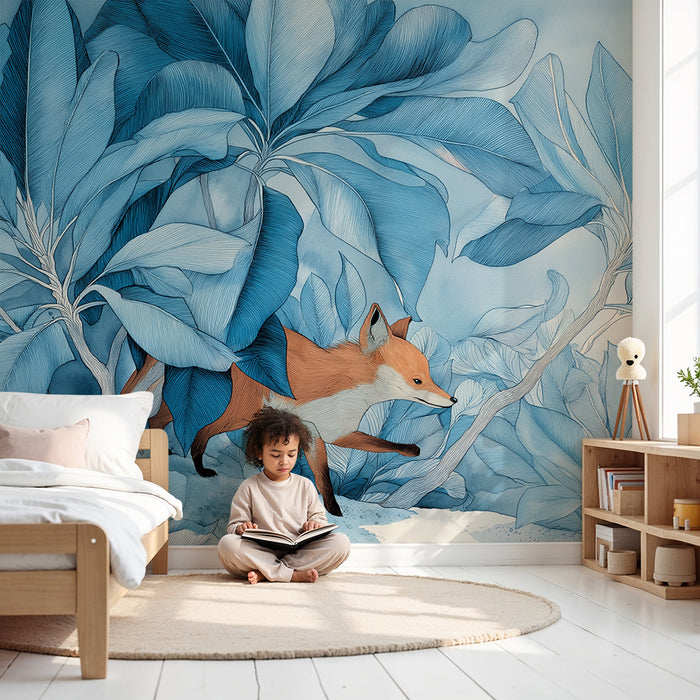Papier peint chambre enfant | Renard espiègle parmi les feuilles bleues