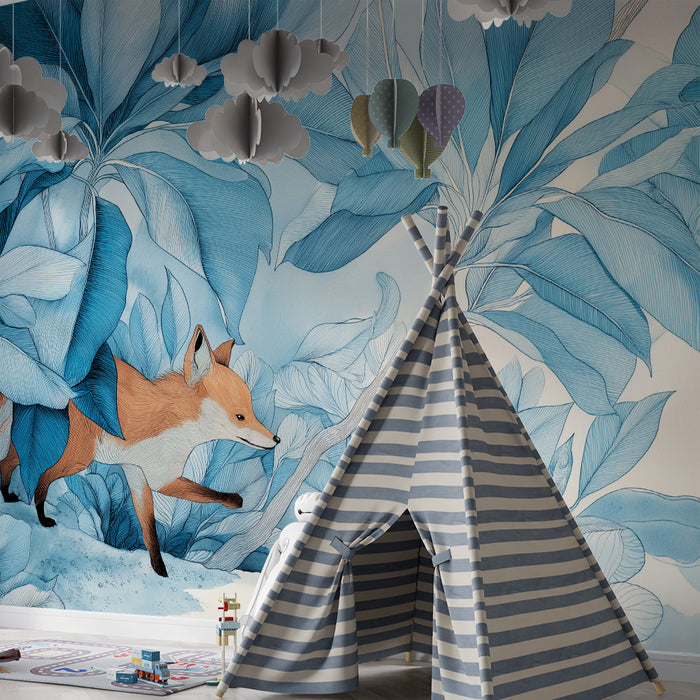 Papier peint chambre enfant | Renard espiègle parmi les feuilles bleues