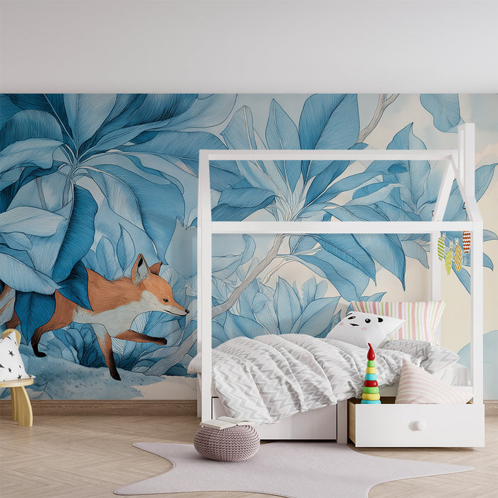 Papier peint chambre enfant | Renard espiègle parmi les feuilles bleues