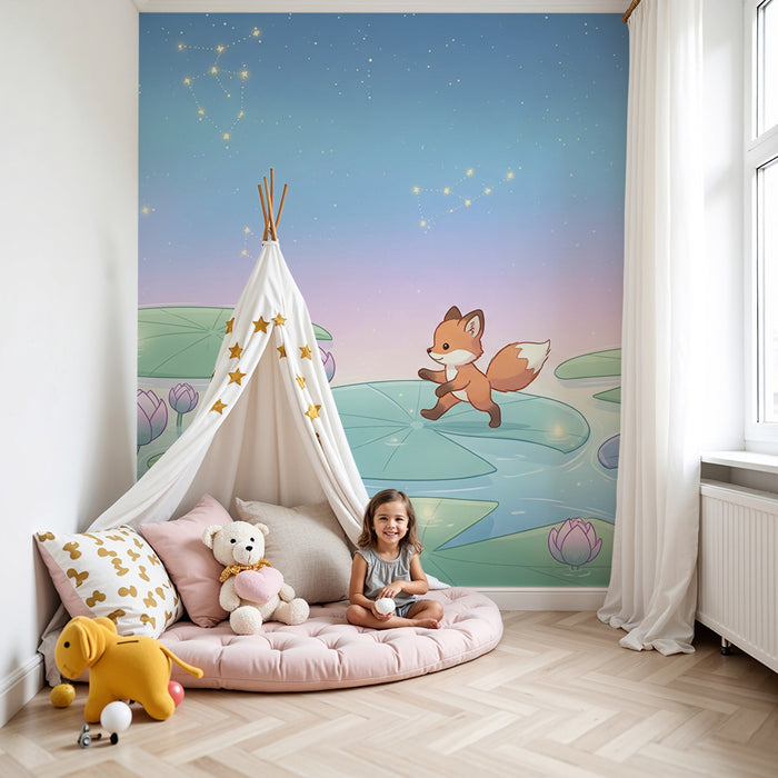 Kids room wallpaper | Mischievous fox on lily pads under a starry sky