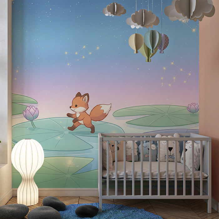Kids room wallpaper | Mischievous fox on lily pads under a starry sky