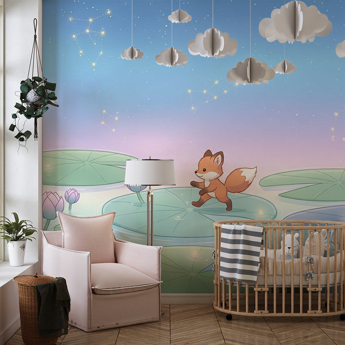 Kids room wallpaper | Mischievous fox on lily pads under a starry sky