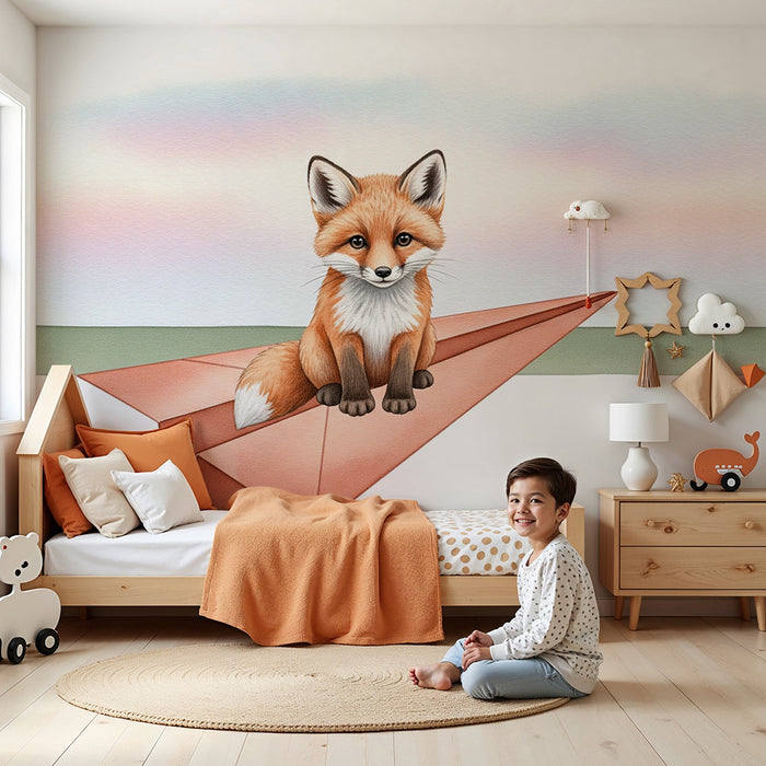 Børneværelse tapet | Skør ræv på et papirfly