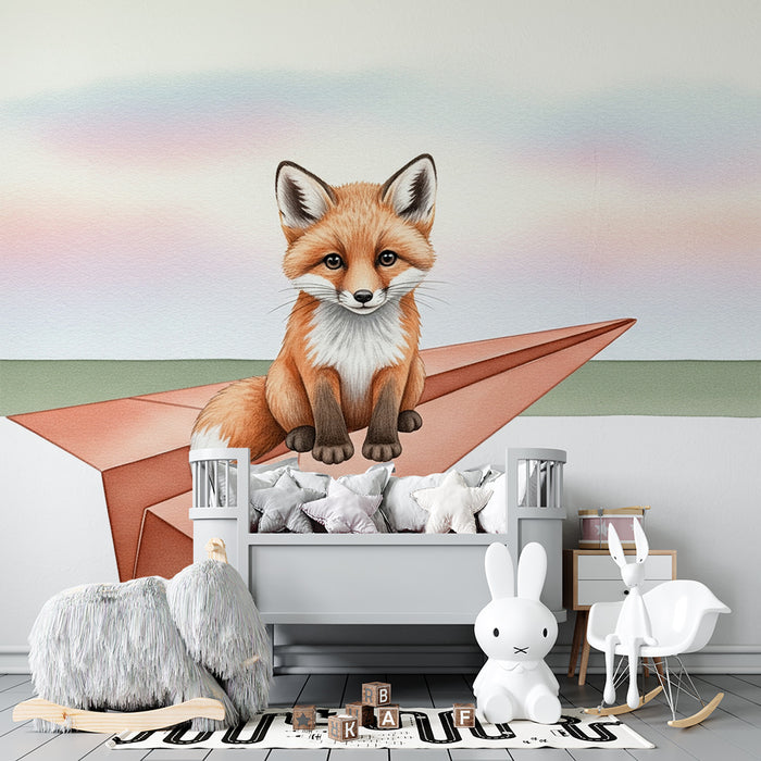 Børneværelse tapet | Skør ræv på et papirfly